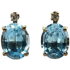 14k Yellow Gold Oval Cut Natural Blue Topaz  Diamond Stud Earrings