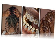3pcs Trendy Black Woman Canvas Wall Art Fashion Black Girl Wall Decor Pictures