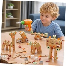 Kids Construction Drill Set, 158PCS Wooden-Look STEM Building Tool Kit with