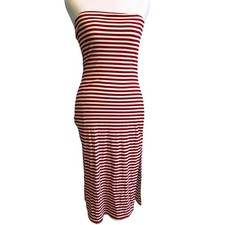 Strapless Striped Dress Midi Red Sexy Vibrant Festival Nautical Preppy Classic M