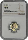 1943 S 1c Lincoln Steel Wheat Cent NGC Graded MS 65 Colorful Toning