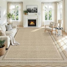 Scalloped Washable 5x7 Area Rugs for Living Room, Non Slip Neutral Bordered