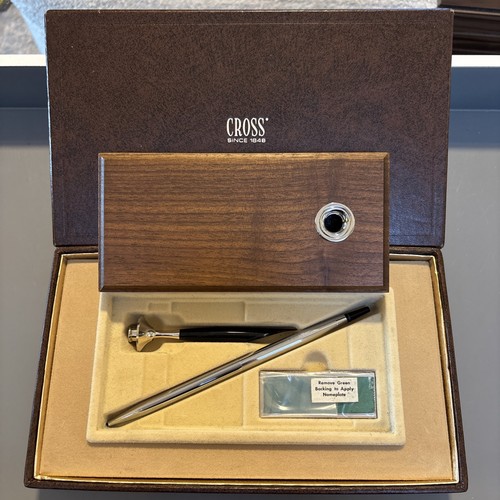 VTG Cross Ballpoint Pen Desk Set - Silver Tone w/ Wood Base - Complete In Box