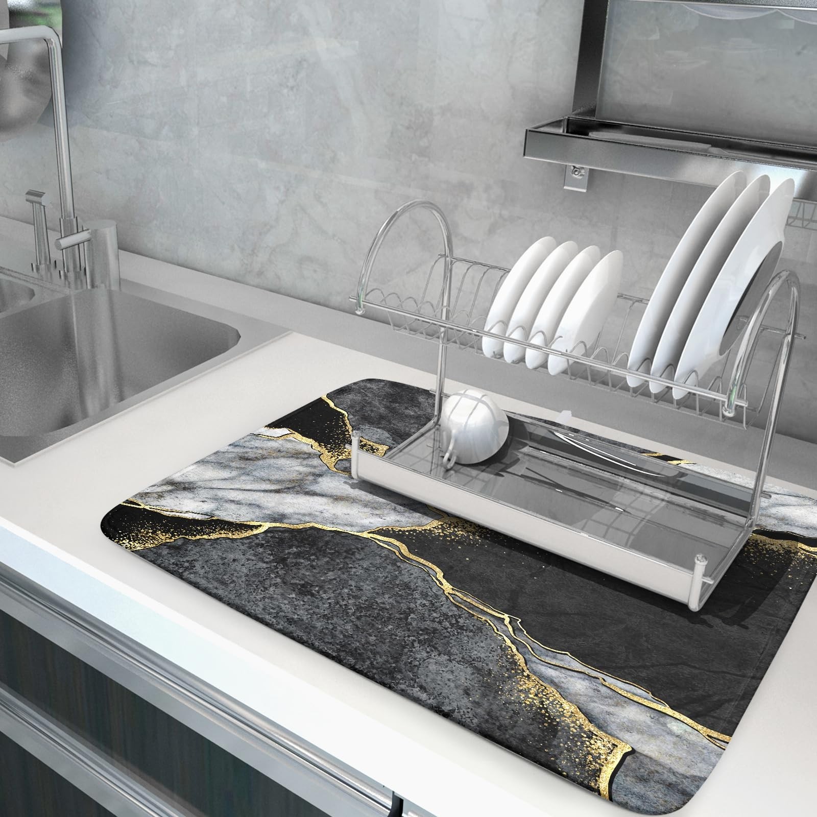 Giwawa Marble Dish Drying Mat for Kitchen Counter 18x24 inch Black Grey Gold ...