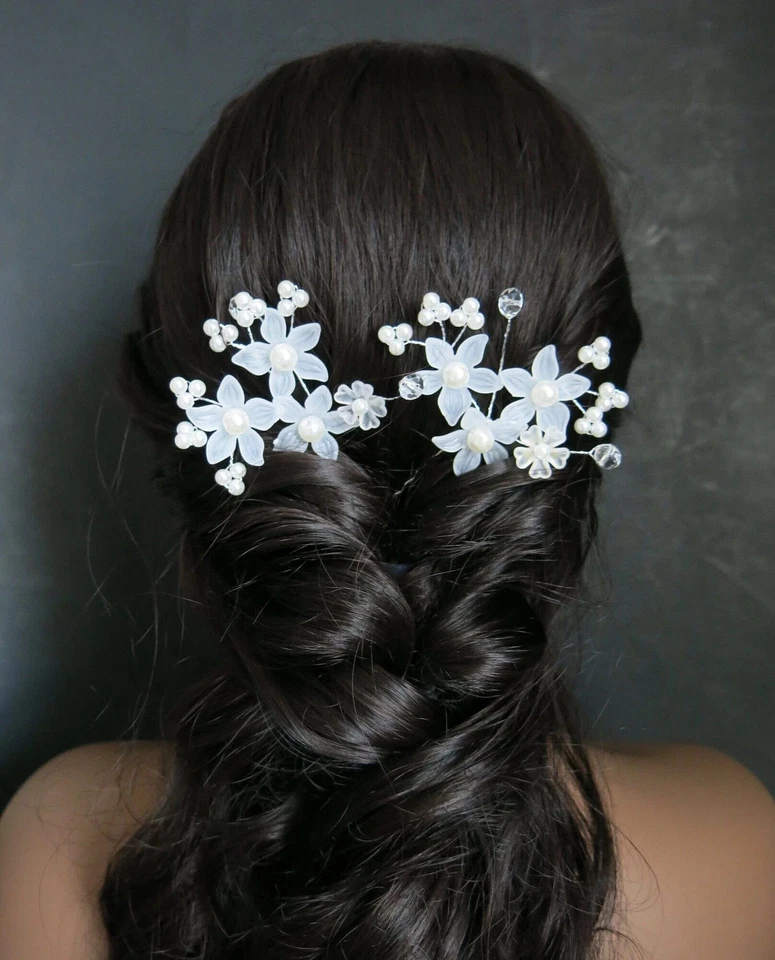 Juego de 2 pinzas para el cabello blancas florales, horquillas minimalistas con flores de perlas para fiesta de boda Foto 3 de 4