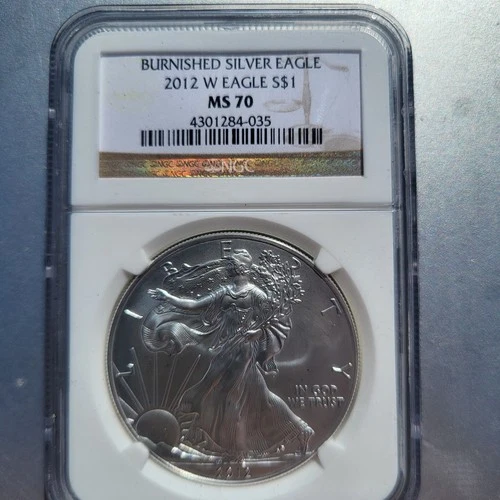2012 W BURNISHED AMERICAN SILVER EAGLE NGC MS70 EARLY BLUE LABEL