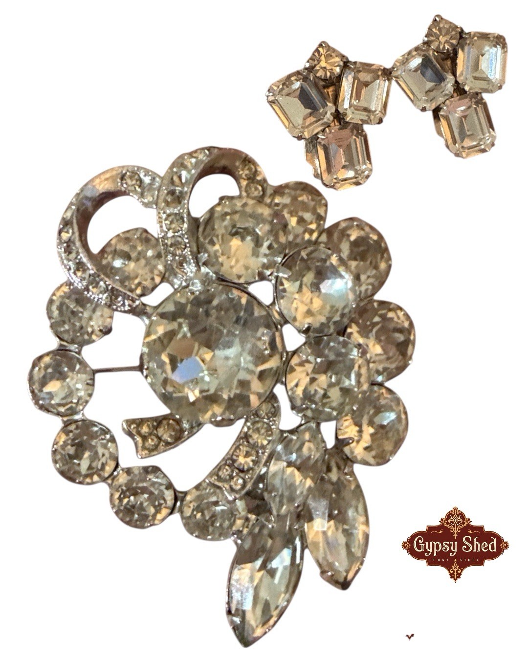 VINTAGE ALBERT WEISS RHINESTONE BROOCH PIN & CLIP ON EARRINGS SIGNED RARE H2F