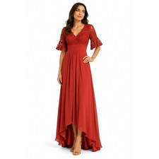 JAEDEN Rust Orange Lace Chiffon High Low Gown Bell Sleeve V Neck New Size 4