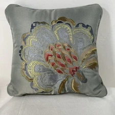 Croscill Home Throw Pillow Embroidered Floral  Designer 14 x 14 In. Blues Greens
