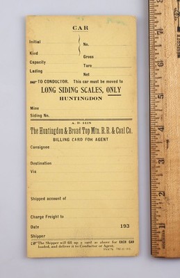 1930s Huntingdon & Broad Top Mountain Railroad & Coal Co. Billing Car Card