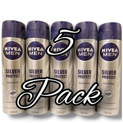 5 PACK MEN NIVEA DEODORANT SPRAY 150ml-91g / 48h SILVER PROTECT SECA RÁPIDO