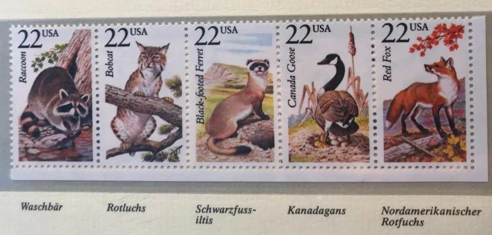 USA 1987 5er-Streifen Waschbär Rotluchs Iltis Kanadagans Rotfuchs postfrisch - Bild 1 von 1
