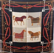 100% Mulberry Silk Scarf in Red Brown Horse Design 110/43”Large Hand-Rolled
