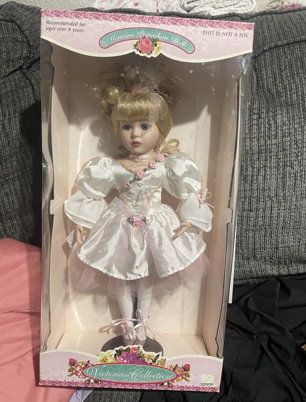 Brass Key Victorian Collection Porcelain Girl Doll Blonde Curly Hair Blue Eyes