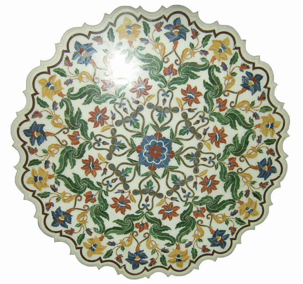 42-Inch Marble Coffee Table with Semi-Precious Stone Pietra Dura Inlay Decor