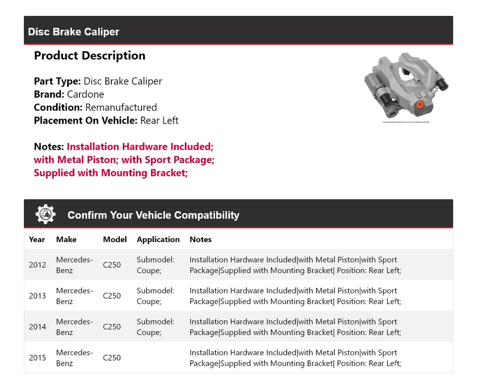 适用于 2012 - 2015 梅赛德斯 - 奔驰 C250 盘式制动卡钳 左后 Cardone 2013 2014 — 第 2/4 张图片