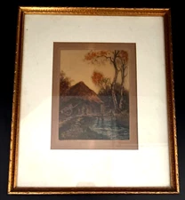 Vtg. 1920's Chromolithograph "PONT RUSTIQUE" Edward Gross Co.  Matted & Framed