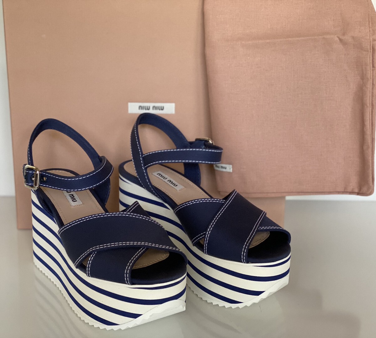 miu miu★SALE★5HC287 NIB $750 MIU MIU Women's Platform Wedge Blue Sandals 7.5 US