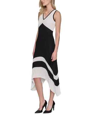 Karl Lagerfeld Paris Women's Pleated Color blocked a-Line Dress White Black 16