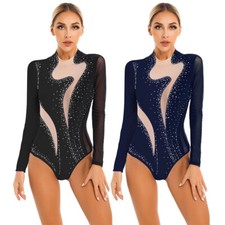 Womens Gymnastics Jumpsuit Mesh Dance Bodysuit Long Sleeve Dance Leotard Sheer