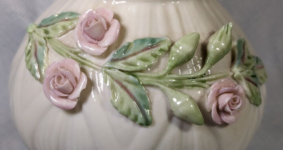 Belleek Beautiful Rare Ribbon Spill Vase Embossed 3D Hand Painted Roses