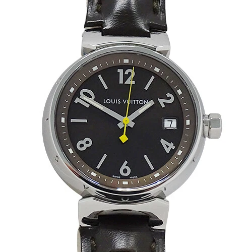 Pre-owned Louis Vuitton Tambour Quartz Brown Dial Men's Watch Q1111, Quartz Movement, Genuine Leather Strap, 39 mm Case in Black / Brown