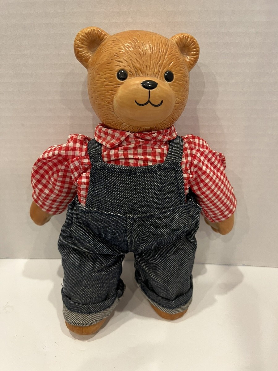Vintage Enesco Ceramic Teddy Bear With Soft Body With Overalls And