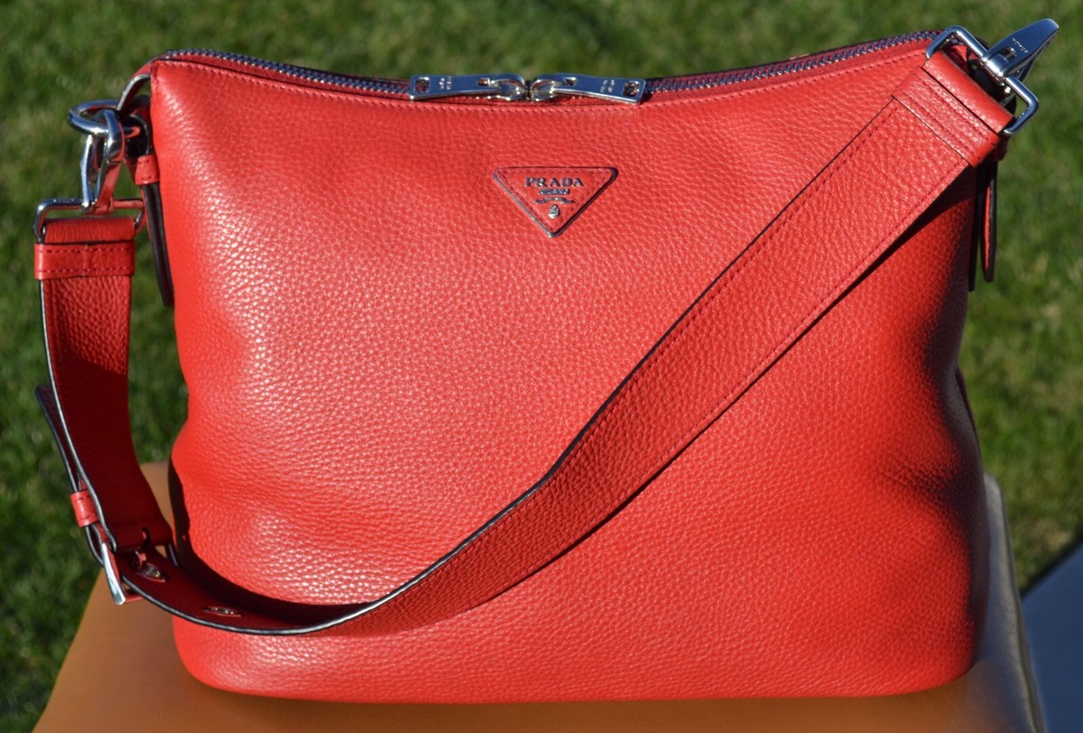 PRADA Rosso (Red) Vitello Daino Leather Zip Top Hobo Bag BR5122 w