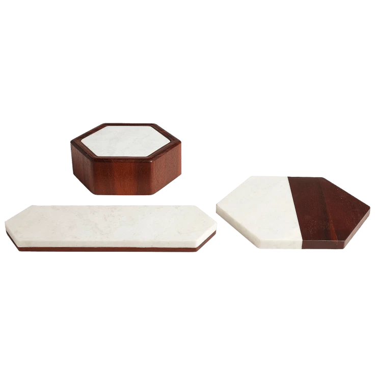 Libbey Urban Story 3-Piece Wood and Marble Tray and Bowl Entertaining Set - Image 2 of 4