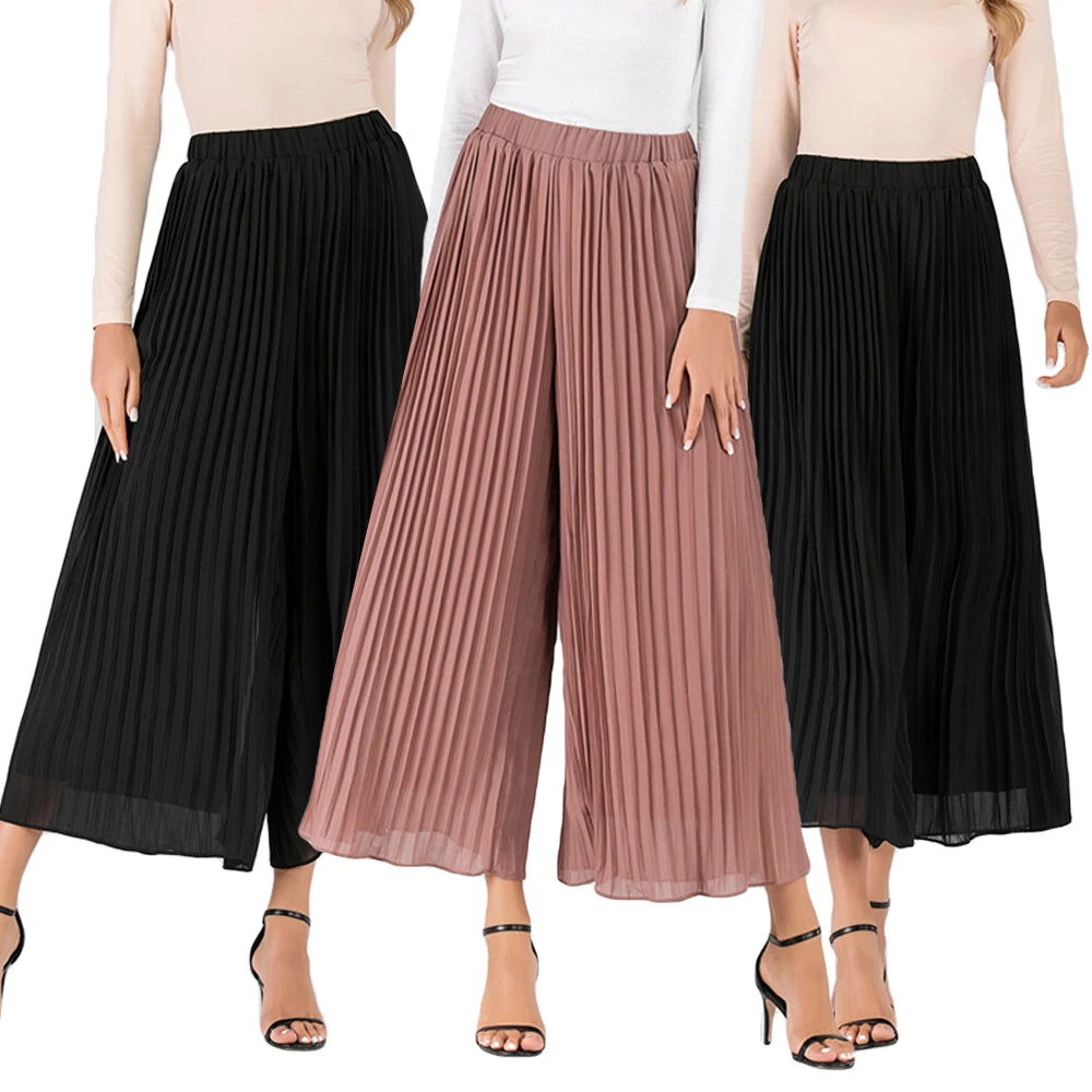 Summer Women Pleated Chiffon Wide Leg Pants High Waist Loose Culottes Trousers