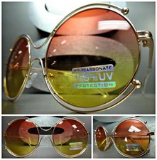 OVERSIZED VINTAGE RETRO Style SUN GLASSES Round Rose Gold Frame Pink Yellow Lens
