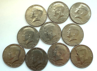1776 - 1976 Kennedy Half dollars, circulated TEN (10) COINS Denver Mint