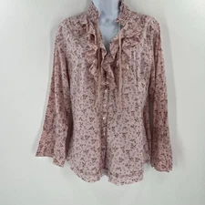 Cino XL Pink Floral Ruffle Blouse Button Down Tie Neck Smocked Peasant