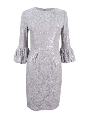 Betsy & Adam Women's Sequined Lace Bell-Sleeve Dress (4, Grey)