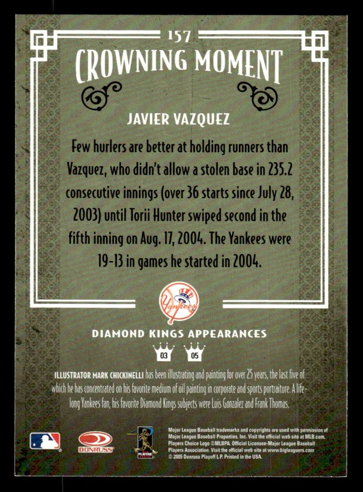 2005 Donruss Diamond Kings #157 Javier Vazquez Card New York Yankees - Image 2 of 2