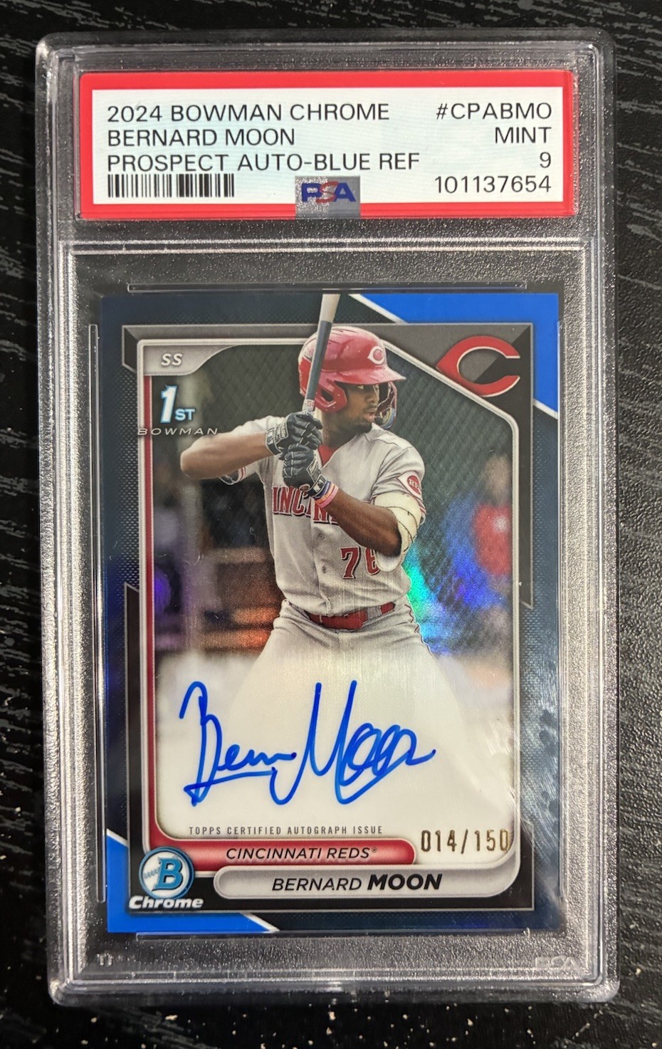 2024 Bowman Chrome Bernard Moon Auto 1st Blue Refractor #/150 Reds PSA 9