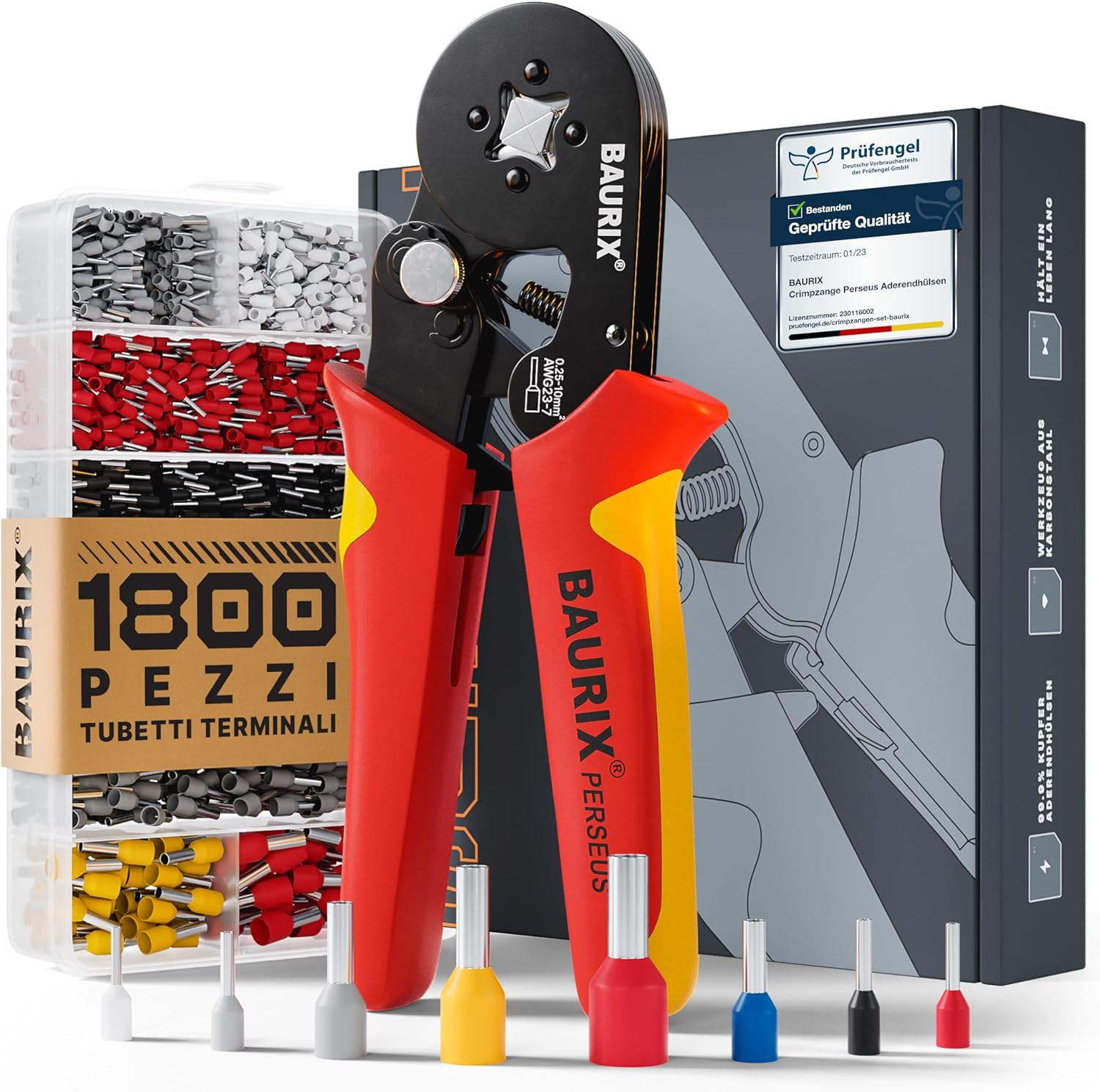 Kit Pinza Crimpatrice Professionale + 1800 Puntalini 0.25-10mm² Autoregolante