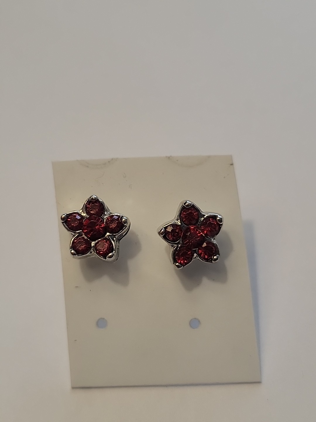 Brand New Silver Tone Red Rhinestone Flower Stud Earrings