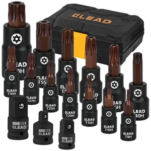16PC Ensemble de chaussettes Torx Bit T8-T60 1/4.0.3/8.0 1/2.0 Conducteur avec adaptateurs de chaussettes S2 Acier