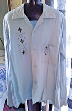VTG MEN'S RAYON LOOP SHIRT 1940s 50s BLUE, SM. Fleur de Lis. Midcentury. Shapely