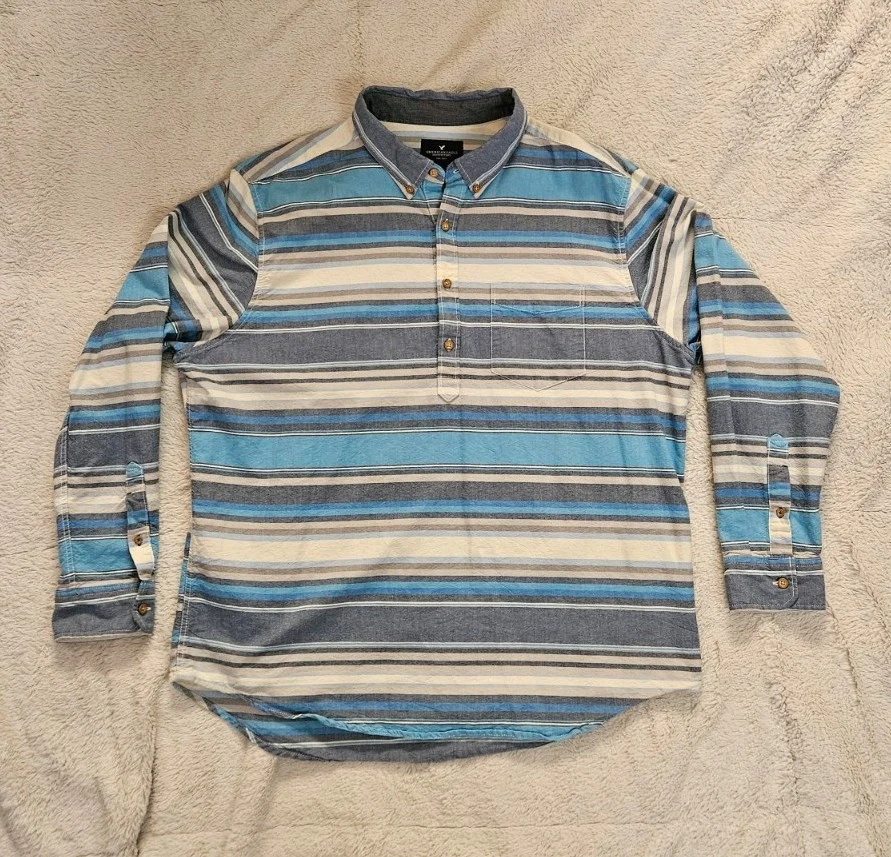 American Eagle Shirt Mens XXL Blue Striped Cotton Pullover Button 2016 AEO