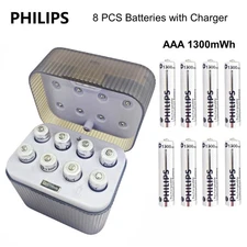 Original Philips 8 Pack 1300mWh 1.5V Rechargeable AAA Battery Lithium + Charger