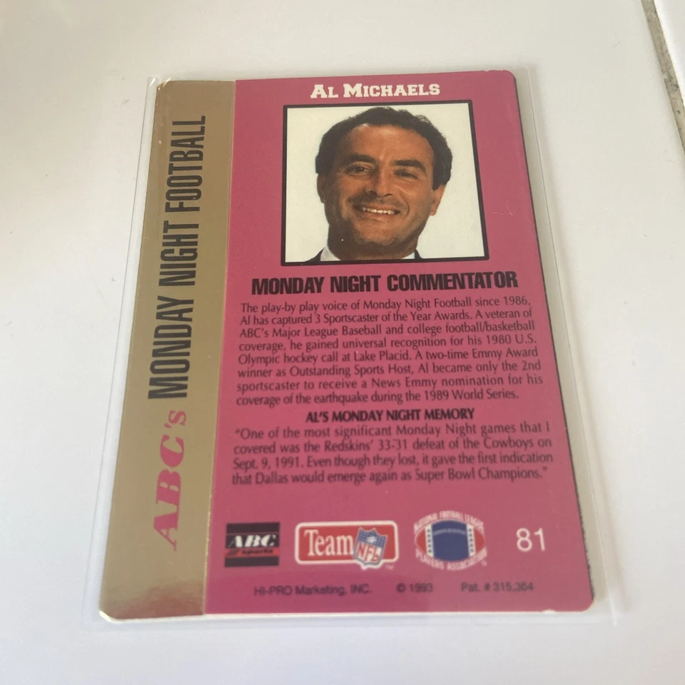 1993 Action Packed Monday Night Football Al Michaels #81 - Image 2 of 2