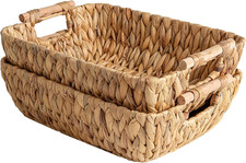 Hand-Woven Large Storage Baskets with Wooden Handles, Water Hyacinth Wicker Bask