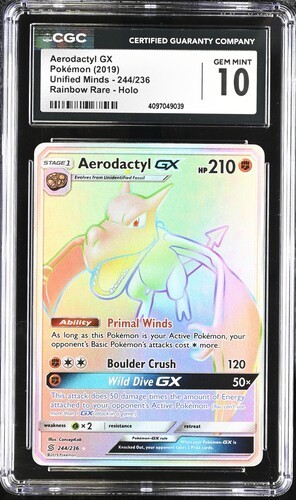 ✨✨✨ CGC 10 Aerodactyl GX Holo Card 244/236 Rainbow Rare Pokemon Unified Minds