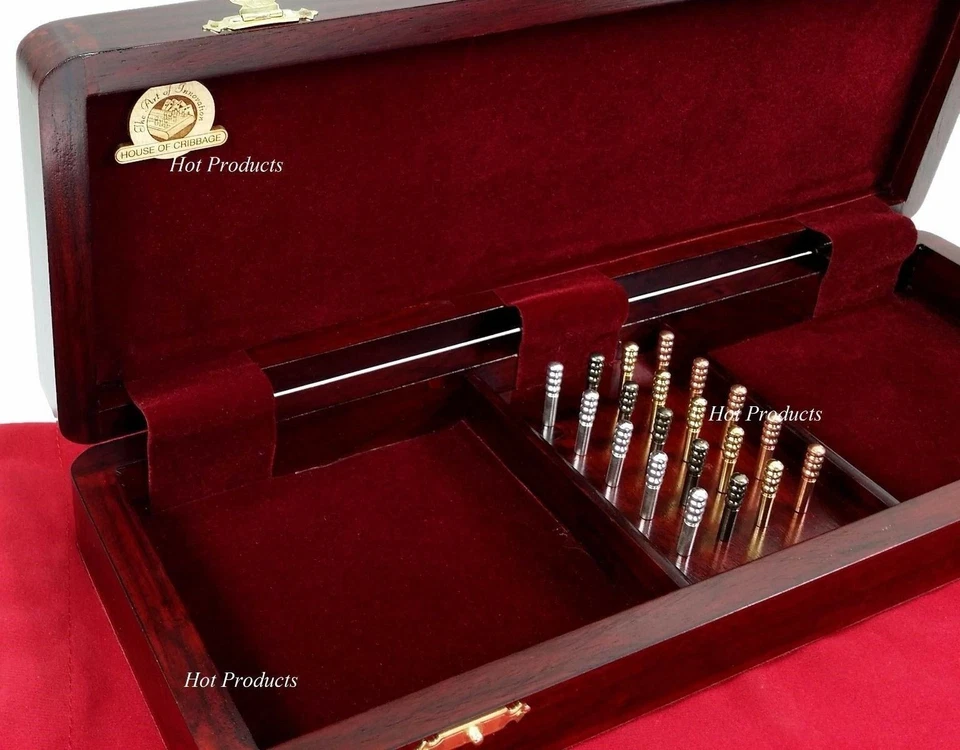 14" 4 TRACK CONTINUOUS Cribbage Board BLOODWOOD Skunks Corner Games Won Hinge Bx - Image 3 of 4