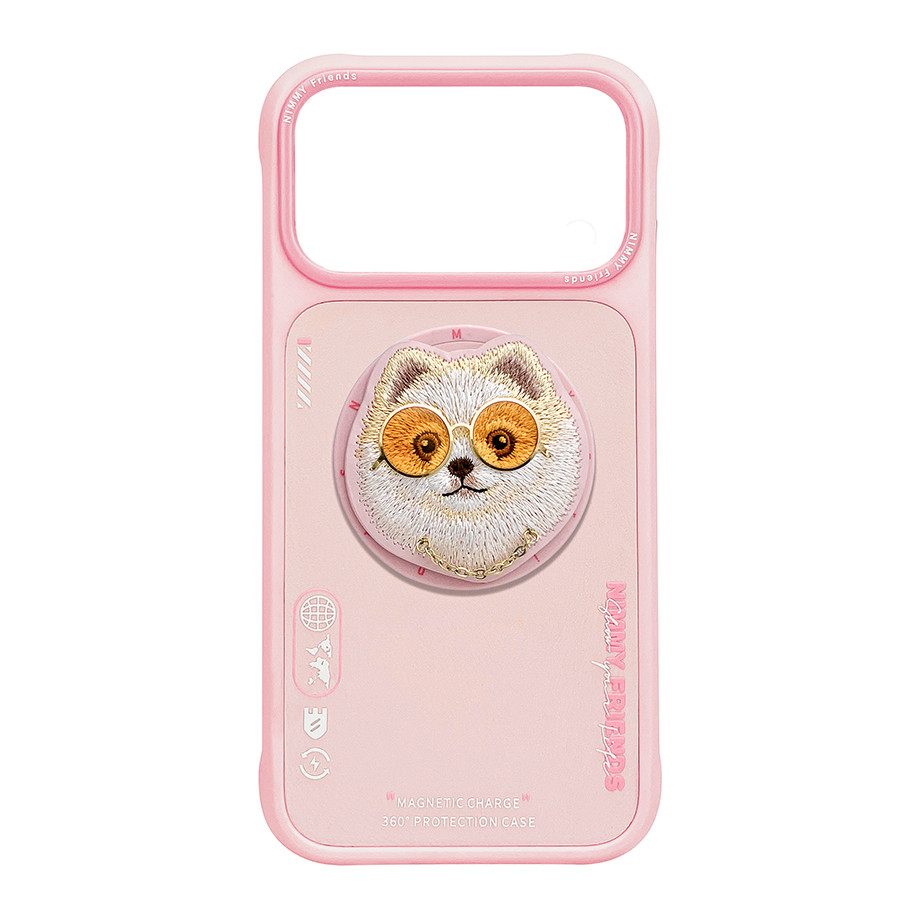Nimmy Friends Glass Cool Dog Face Case MagSafe Grip Stand iPhone 17 Pro Pink