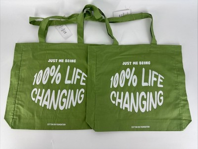 LOT OF 2 Cotton:On Foundation Tote Bag ''100% Life Changing'' Reusable Grocery NEW