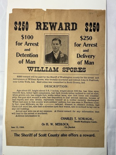 ⁠original 1906 Reward Poster Wanted Murder William Spores Indiana Sheriff