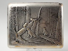 Cigarette Case Bears Vintage Smoking Brass Box Morning in Forest Tobacciana USSR